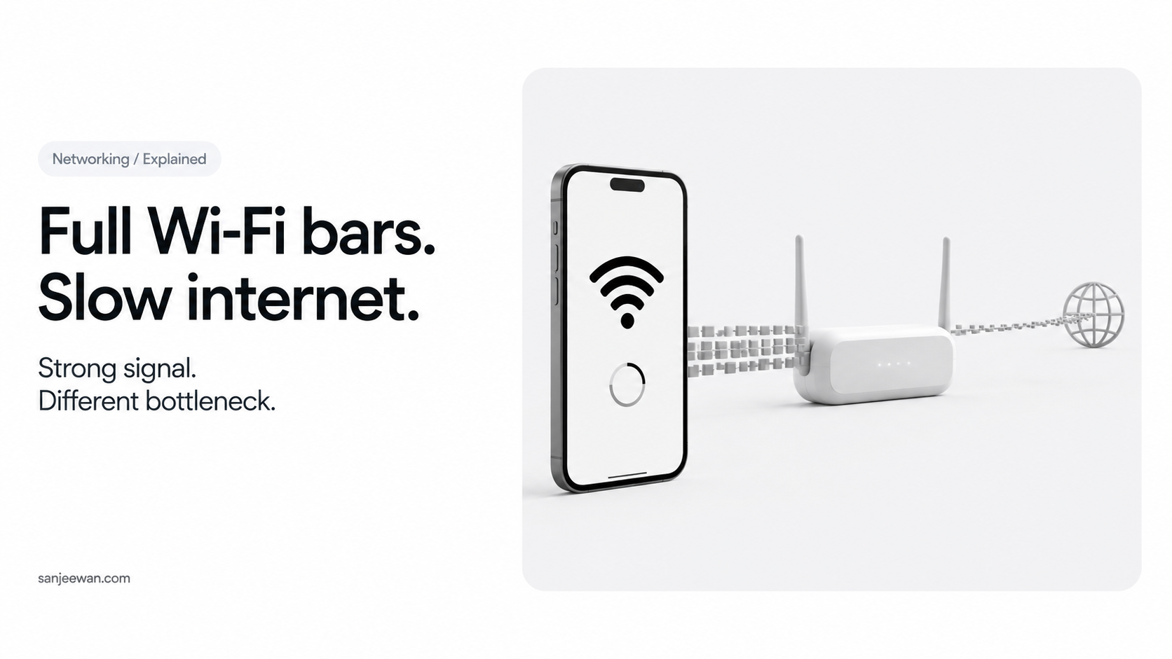 Laptop showing full Wi-Fi bars beside a router, with overlapping radio waves illustrating wireless interference.